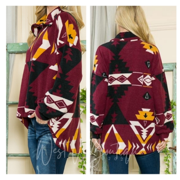 🇺🇸BOGO🆓-Burgundy Aztec Printed Long Sleeve Zipped Top - Picture 1 of 6